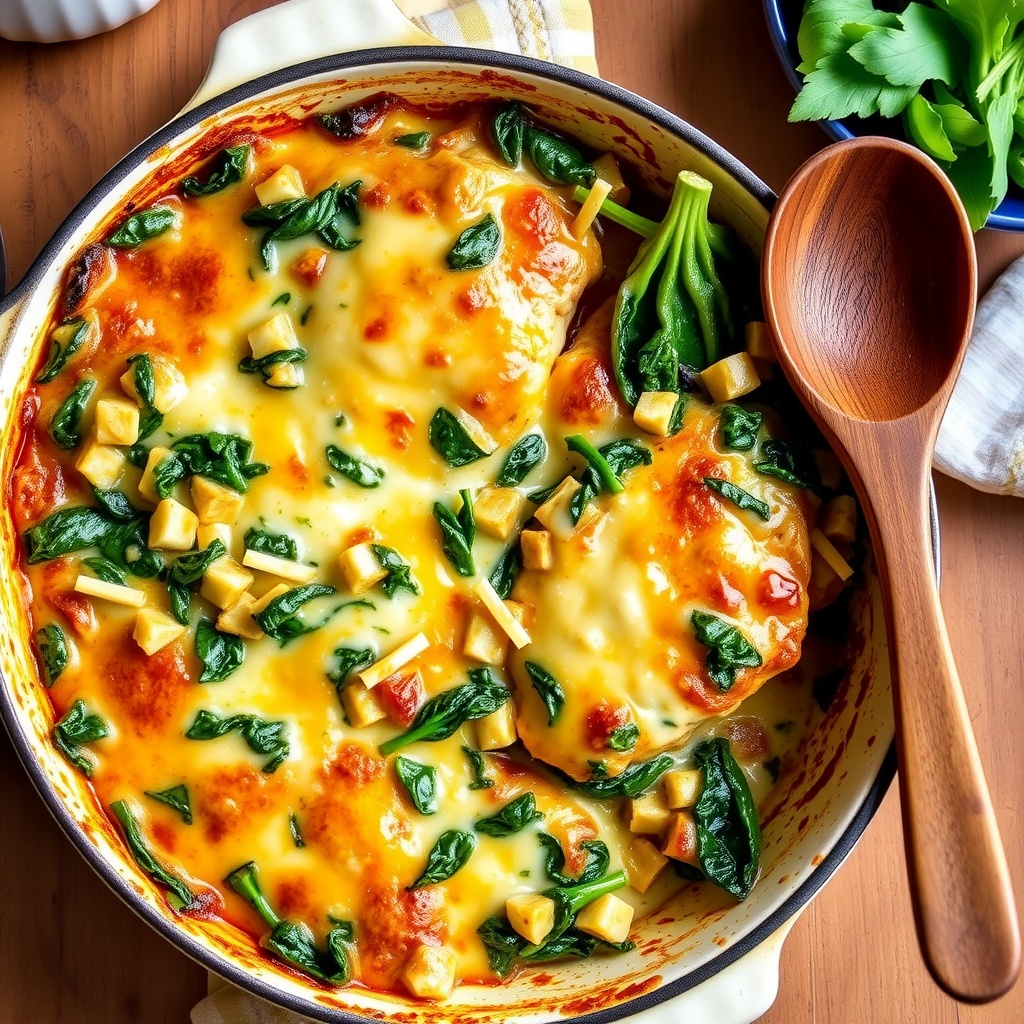 Cheesy spinach and artichoke chicken casserole in a baking dish with bubbling cheese and vibrant greens.